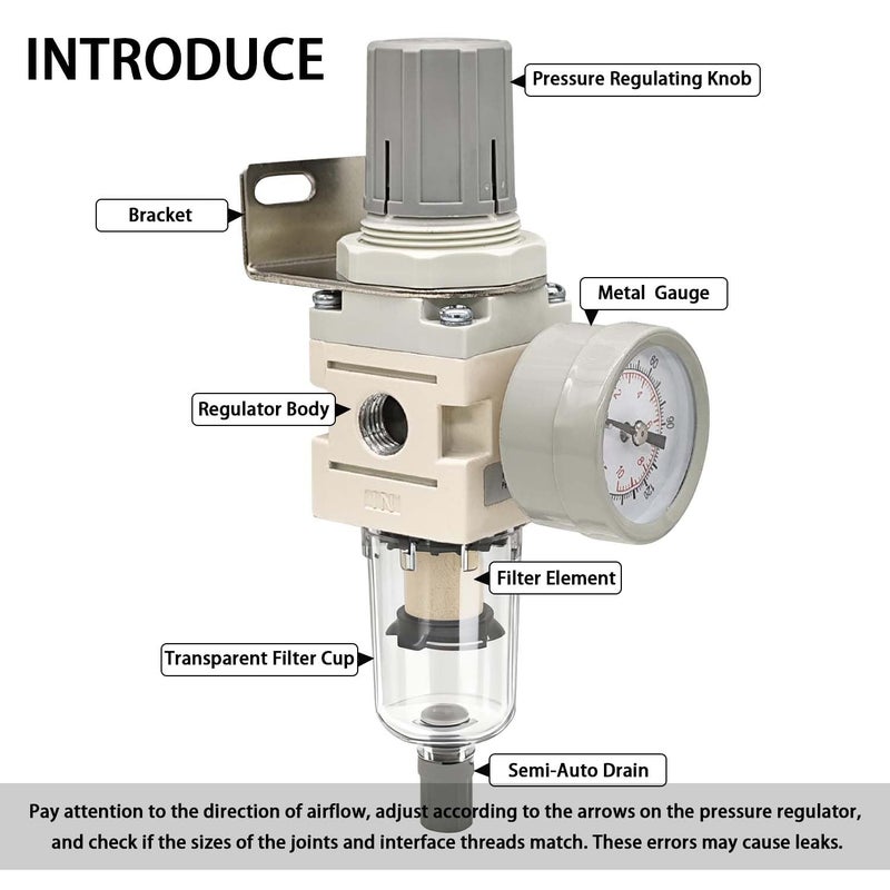 YSIL 1/4” NPT Compressed Air Filter Regulator Combo Piggyback,5 Micron Brass Element Semi-Auto Drain Water Oil Separator with 0-150 PSI Pressure Gauge,Metal Bracket AW2000-02 - Image 4